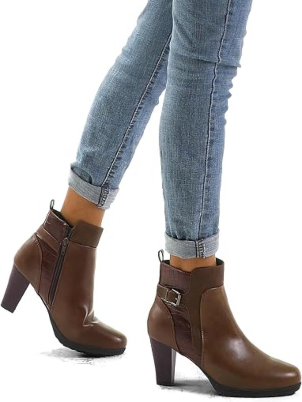 Women's Chunky Stacked Heel Ankle Boots Zipper Buckle Booties